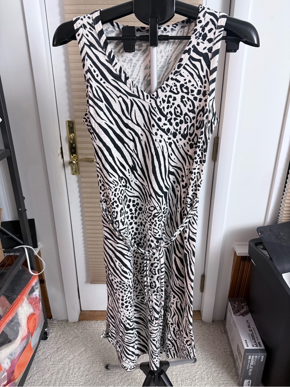 Soma Black & White mixed Animal-Print Midi Dress v-neck double tie waist P2P 17”
